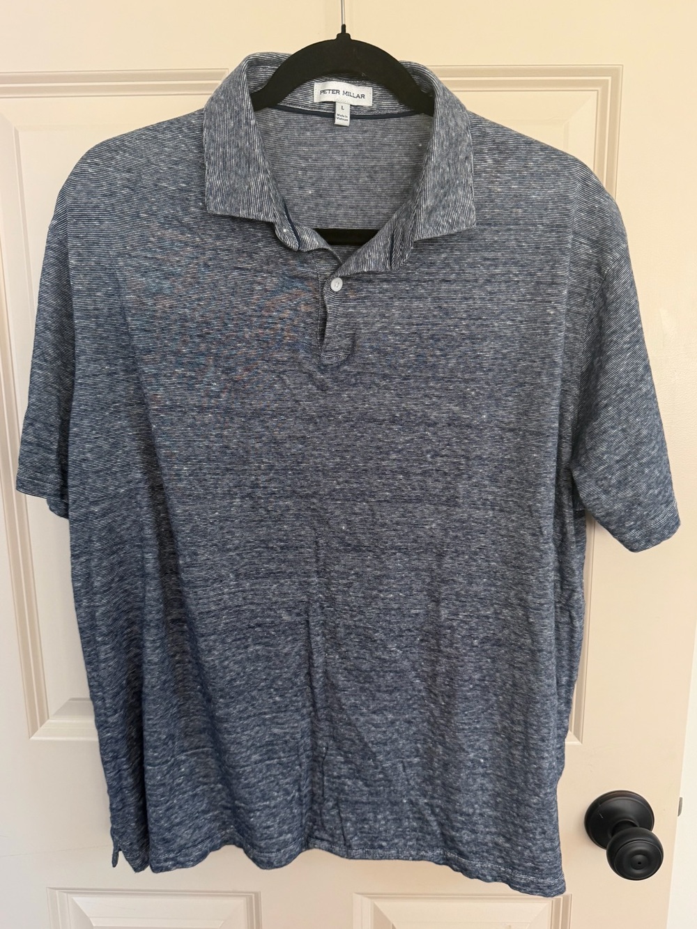 Peter Millar Men's Blue Striped Short Sleeve linen blend Polo Shirt large